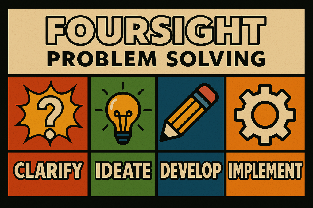 Graphic saying Foursight Problem solving with icons for each of the Four preferences